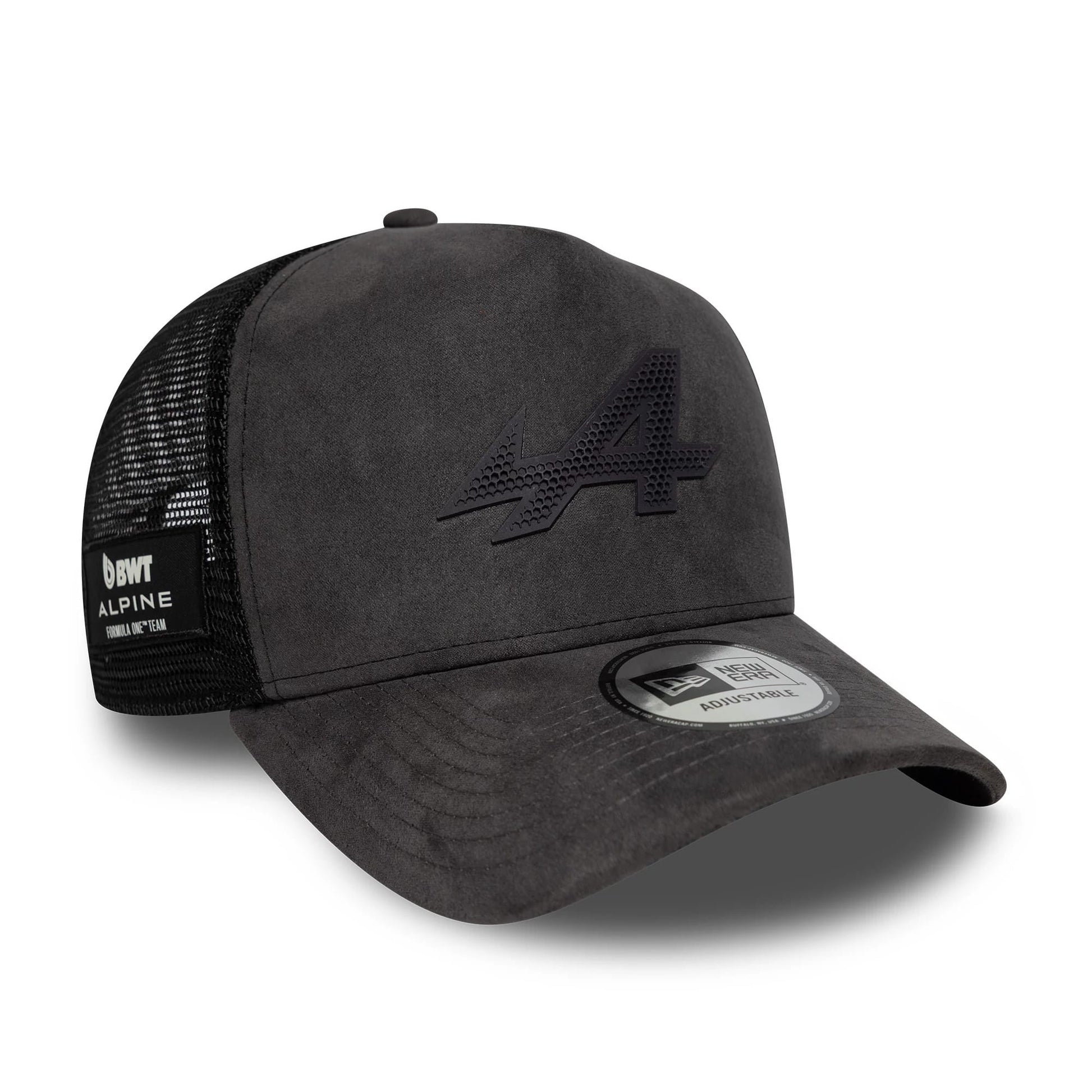 Pictured is this Alpine Racing Suede 9FORTY E-Frame Trucker cap in grey. 1