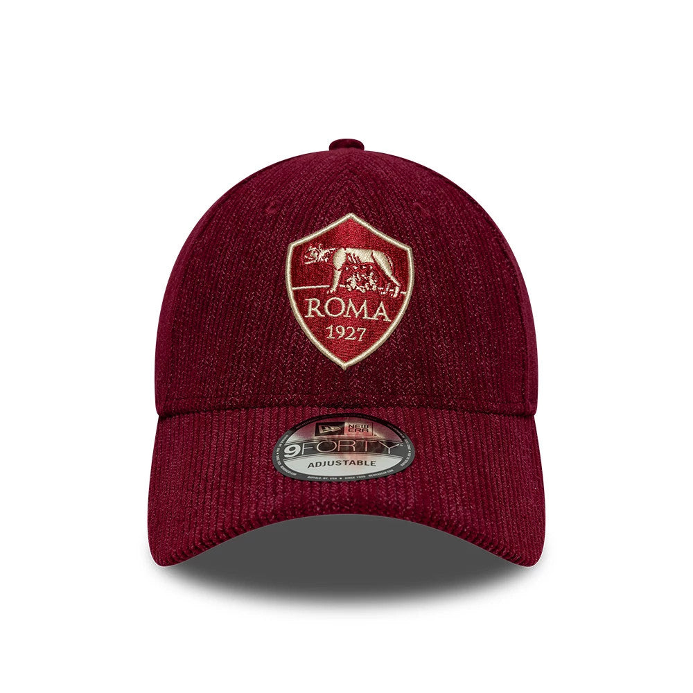 AS Roma Fleck Cord Dark Red New Era 9FORTY Adjustable Cap, front view showing the embroidered AS Roma 1927 crest in beige and red on the front panel, with a curved visor and a 9FORTY size sticker.