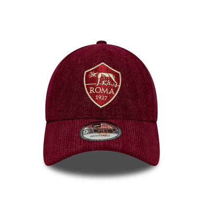 AS Roma Fleck Cord Dark Red New Era 9FORTY Adjustable Cap, front view showing the embroidered AS Roma 1927 crest in beige and red on the front panel, with a curved visor and a 9FORTY size sticker.
