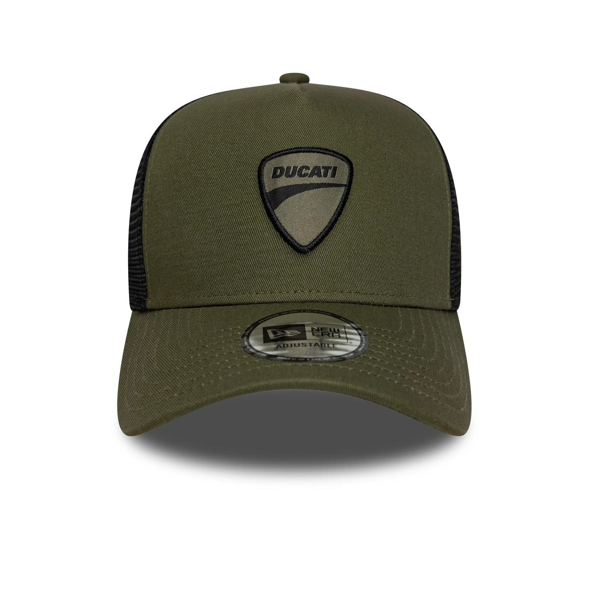 Ducati Motor Core Green New Era 9FORTY E-Frame Trucker Adjustable Cap, front view showing the black Ducati shield logo embroidered on the green front panel with a curved visor, and a 9FORTY size sticker centred on the visor.