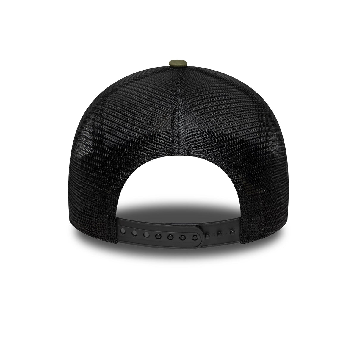 Ducati Motor Core Green New Era 9FORTY E-Frame Trucker Adjustable Cap, rear view showing the black mesh back panels, a green top button and the black adjustable snap closure on the structured crown.