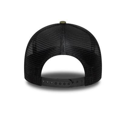 Ducati Motor Core Green New Era 9FORTY E-Frame Trucker Adjustable Cap, rear view showing the black mesh back panels, a green top button and the black adjustable snap closure on the structured crown.