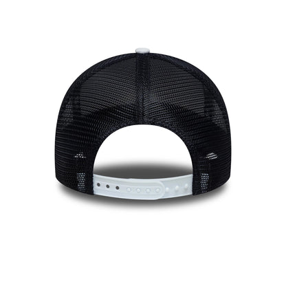 Tottenham Hotspur FC Pattern Knit White New Era 9FORTY E-Frame Trucker Adjustable Cap, rear view showing a structured black mesh crown, a white top button, and a white adjustable snapback closure at the back for a custom fit.