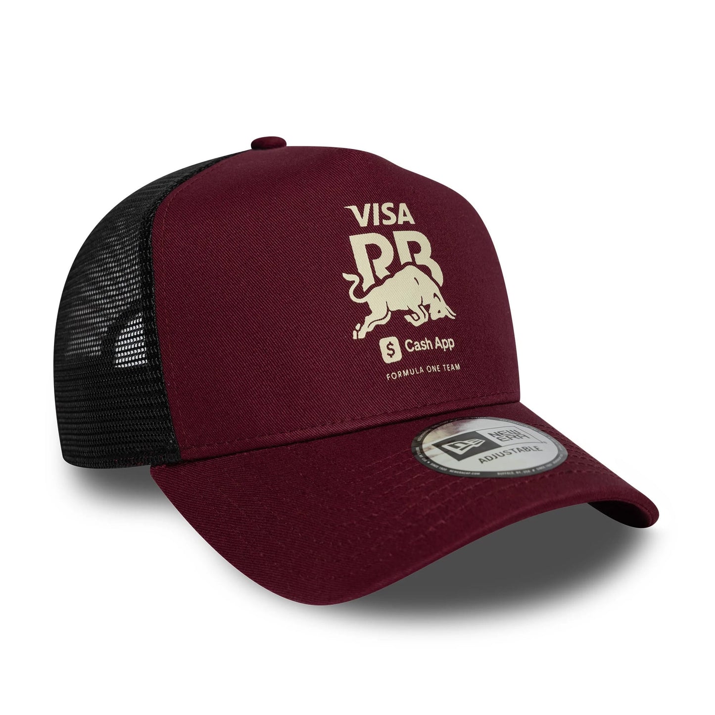 Pictured is this Visa Cash App Racing Bulls 9FORTY E-Frame Trucker cap in dark red. 3