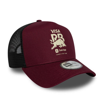 Pictured is this Visa Cash App Racing Bulls 9FORTY E-Frame Trucker cap in dark red. 3