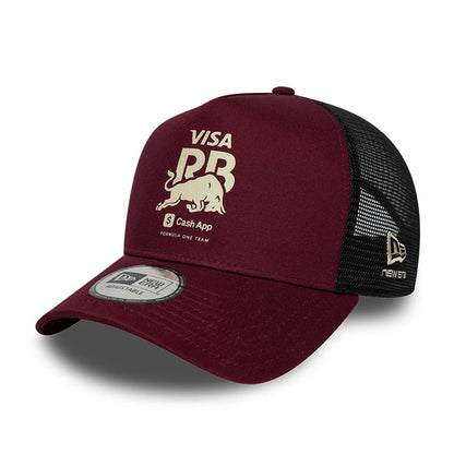 Pictured is this Visa Cash App Racing Bulls 9FORTY E-Frame Trucker cap in dark red. 1