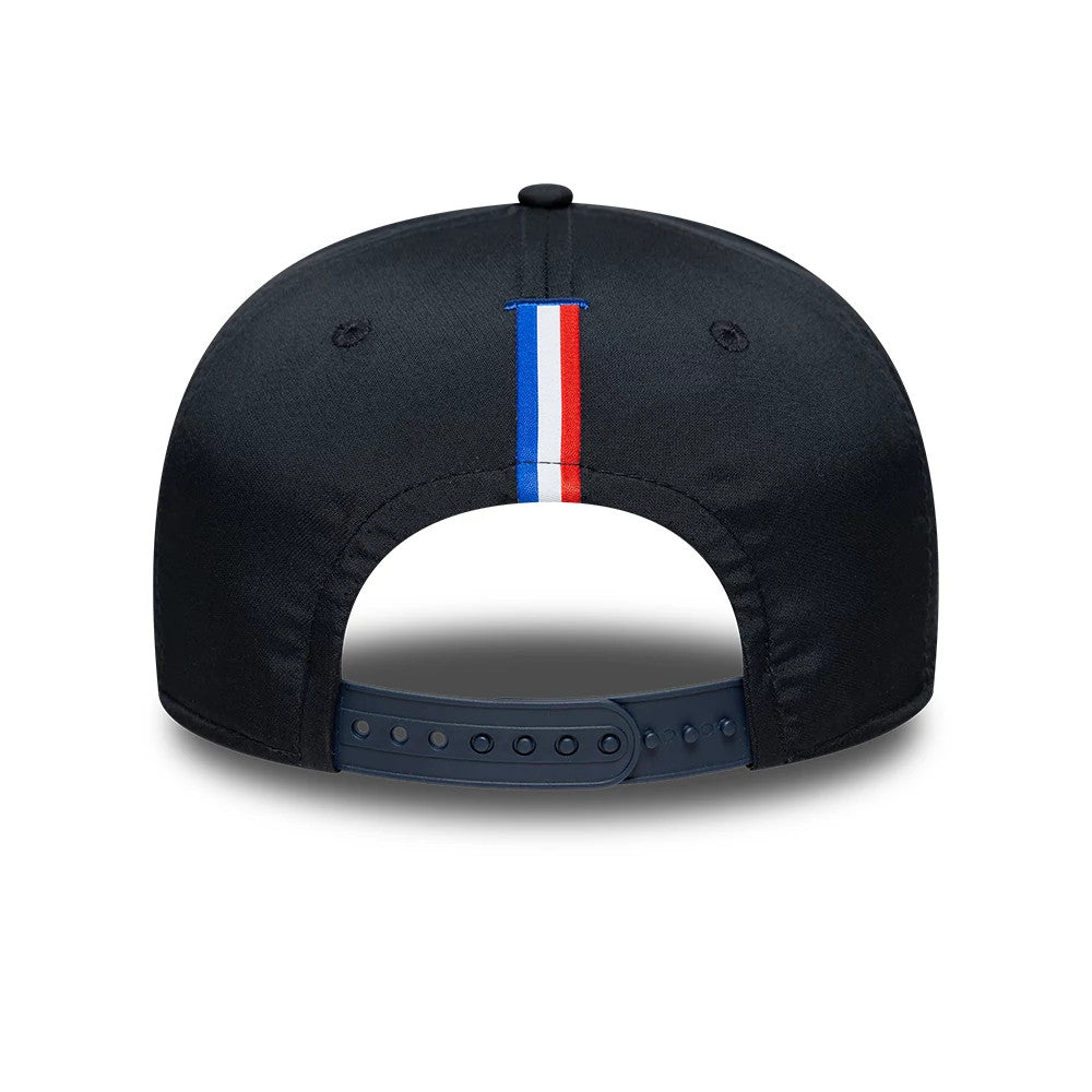 French Federation Of Rugby Kit Navy New Era 9SEVENTY Stretch Snap Adjustable Cap, rear view showing a vertical blue, white, and red stripe on the centre back, with an adjustable navy snap closure and a structured navy crown.