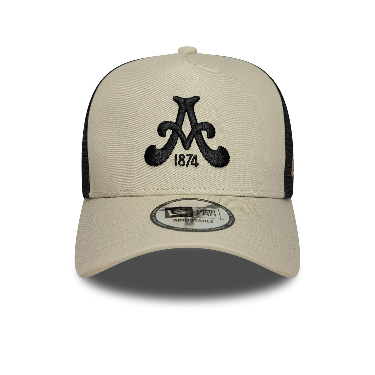 Aston Villa FC Cream New Era 9FORTY E-Frame Trucker Adjustable Cap, front view showing the black raised embroidery of the Aston Villa emblem and '1874' on the cream front panel, with a curved visor and a 9FORTY size sticker.