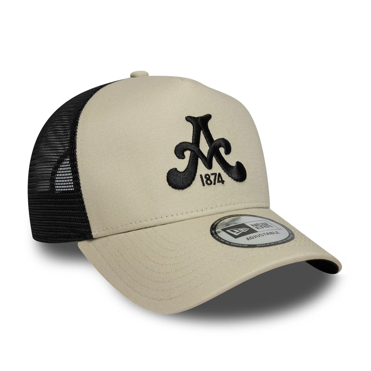 Aston Villa FC Cream New Era 9FORTY E-Frame Trucker Adjustable Cap, front view showing a black embroidered A logo with the year 1874 on the cream front panel, curved visor, and 9FORTY size sticker, complemented by black mesh side panels.