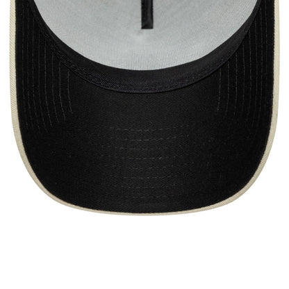 Aston Villa FC Cream New Era 9FORTY E-Frame Trucker Adjustable Cap, inside view showing a grey undervisor, black stitching across the black sweatband, and the black centre strip along the inner crown.
