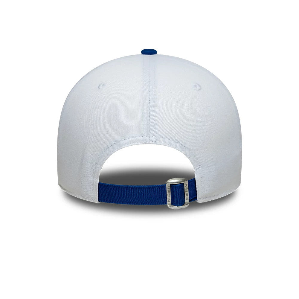 FC Porto Contrast White & Blue New Era 9FORTY Adjustable Cap, rear view showing a white structured crown with a blue top button, featuring a blue fabric strap with a buckle for easy size adjustment at the back.