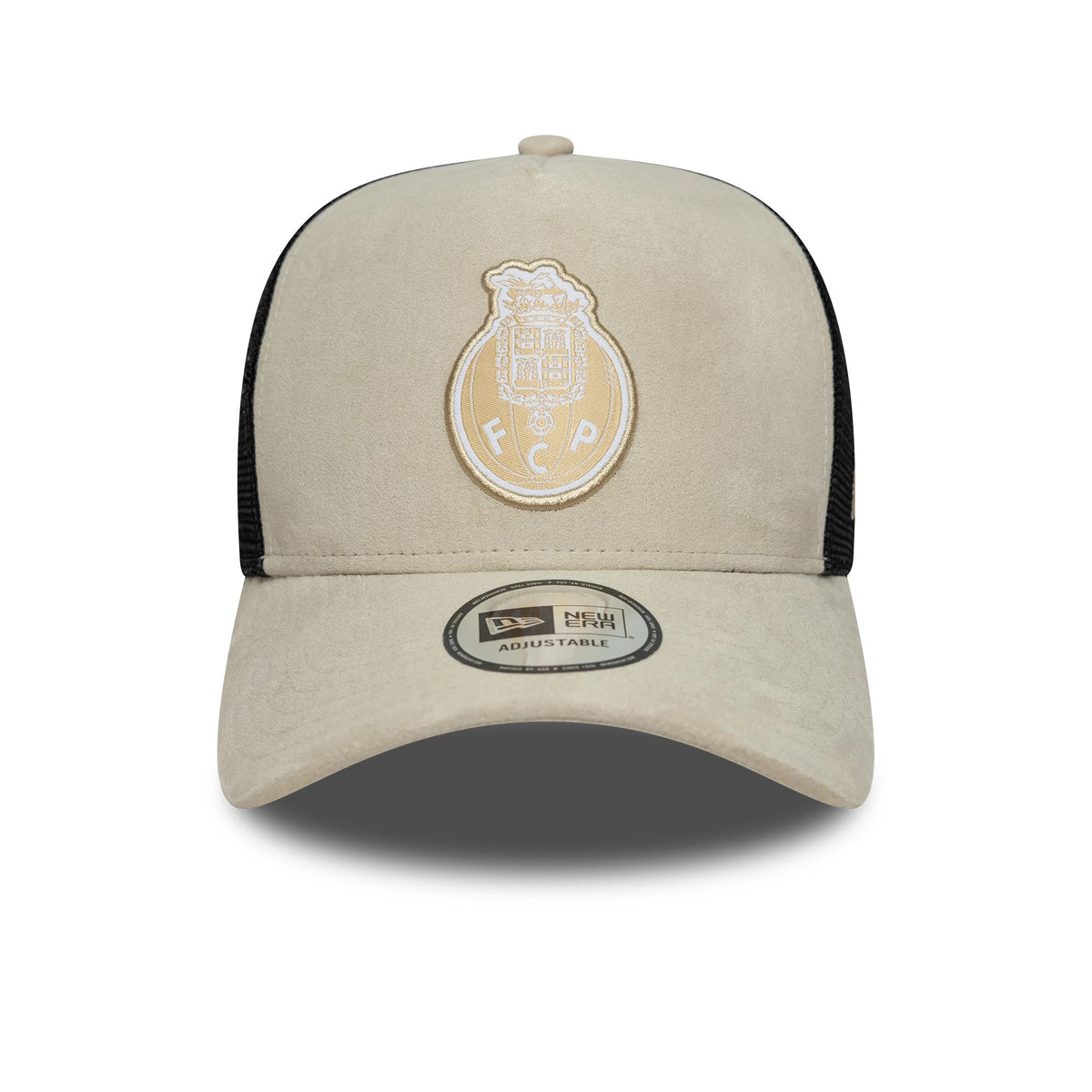 FC Porto Faux Suede Cream New Era 9FORTY A-Frame Trucker Adjustable Cap, front view showing the large embroidered FCP badge on the cream faux suede front panel, with black mesh side panels and a black 9FORTY size sticker on the visor.