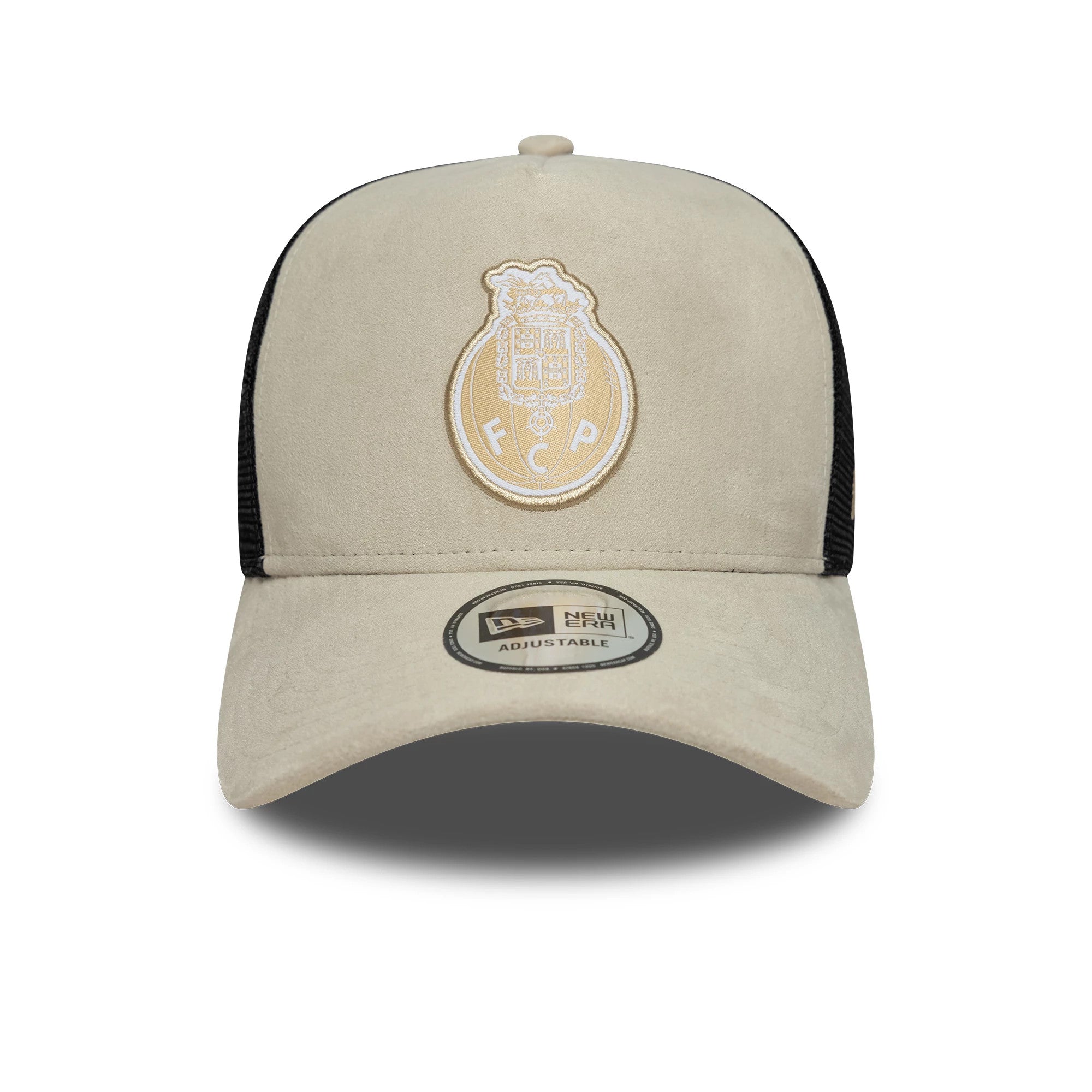 Pictured is this FC Porto Faux Suede 9FORTY A-Frame Trucker cap in cream. 2