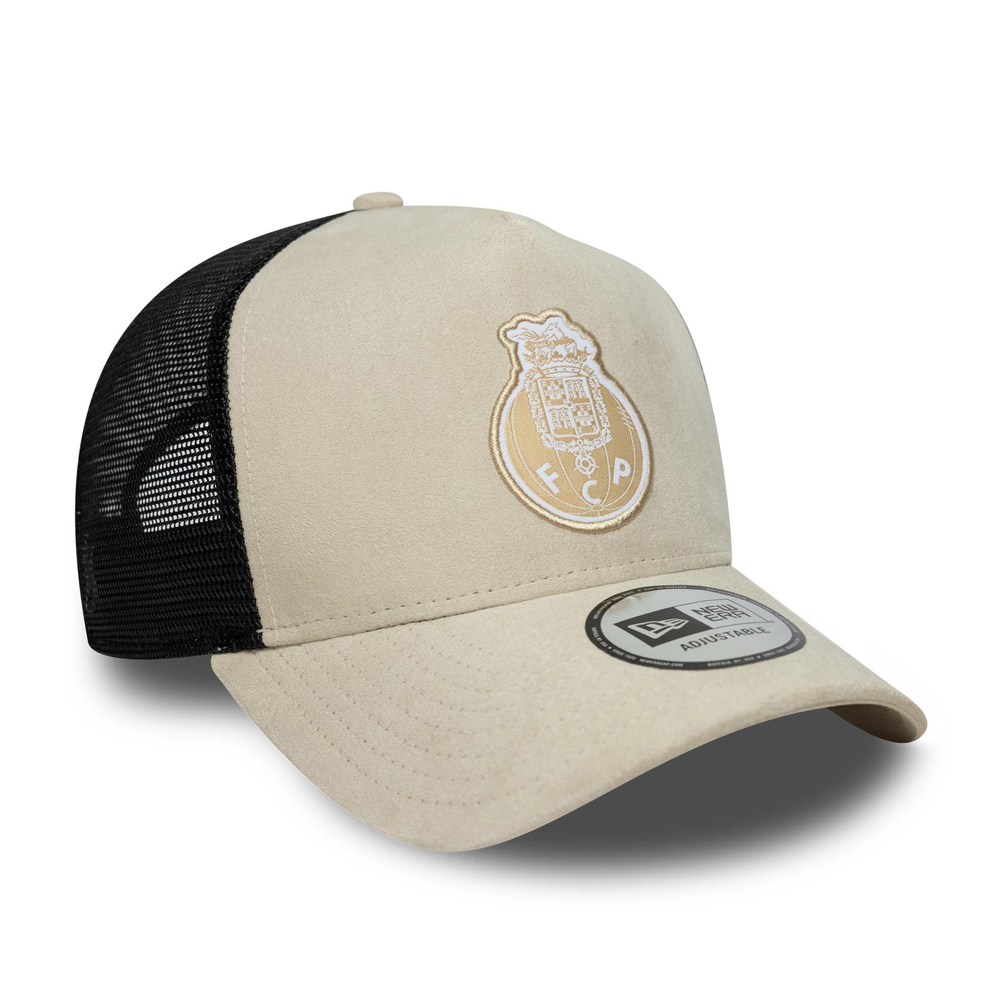 Pictured is this FC Porto Faux Suede 9FORTY A-Frame Trucker cap in cream. 3