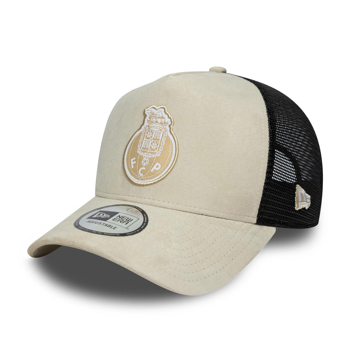 FC Porto Faux Suede Cream New Era 9FORTY A-Frame Trucker Adjustable Cap, side view showing the white embroidered FC Porto crest on the front panel, black mesh back panels, and the New Era flag logo on the left side.