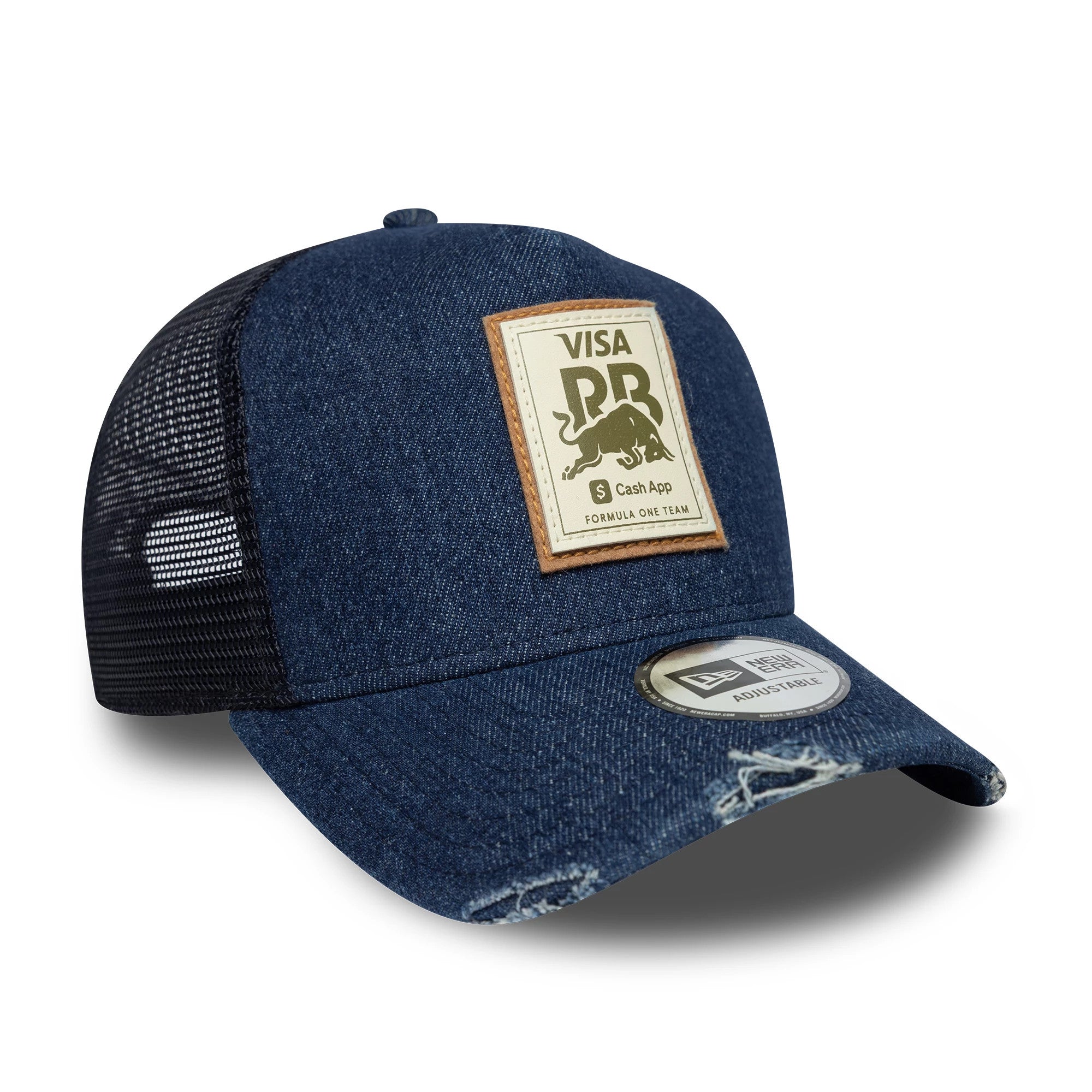 Pictured is this Visa Cash App Racing Bulls Denim 9FORTY E-Frame Trucker cap in black. 3