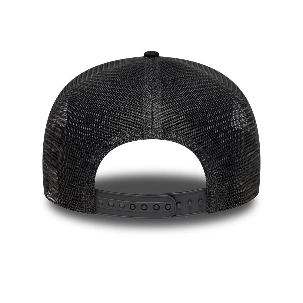 Visa Cash App Racing Bulls All Over Black New Era 9SEVENTY Stretch Snap Adjustable Cap, rear view showing the curved mesh panels of the black crown, a structured snap closure for fitting, and a top button for added detail.