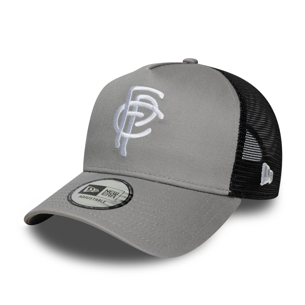 FC Porto Grey New Era 9FORTY A-Frame Trucker Adjustable Cap, three-quarter view showing the white FC logo embroidered on the grey structured front panels, black mesh rear panels, curved grey visor, and the 9FORTY size sticker.