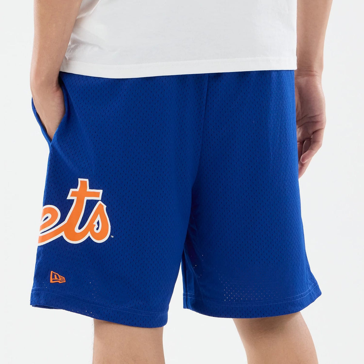 The model is wearing these MLB Evergreen New York Mets Shorts in blue. 7