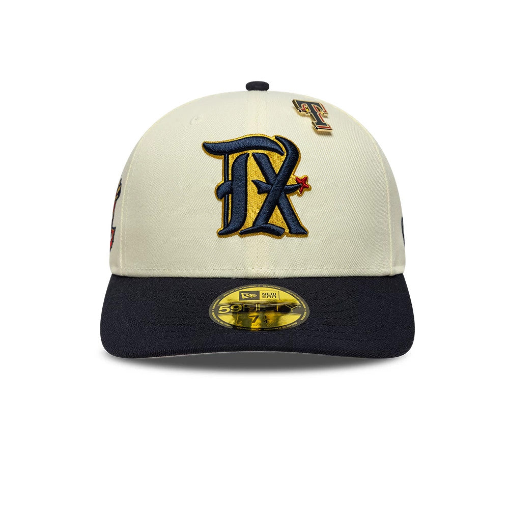 Pictured is this MLB Pin Texas Rangers 59FIFTY Fitted cap in cream & navy. 3