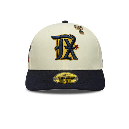 Pictured is this MLB Pin Texas Rangers 59FIFTY Fitted cap in cream & navy. 3