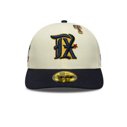 Pictured is this MLB Pin Texas Rangers 59FIFTY Fitted cap in cream & navy. 3