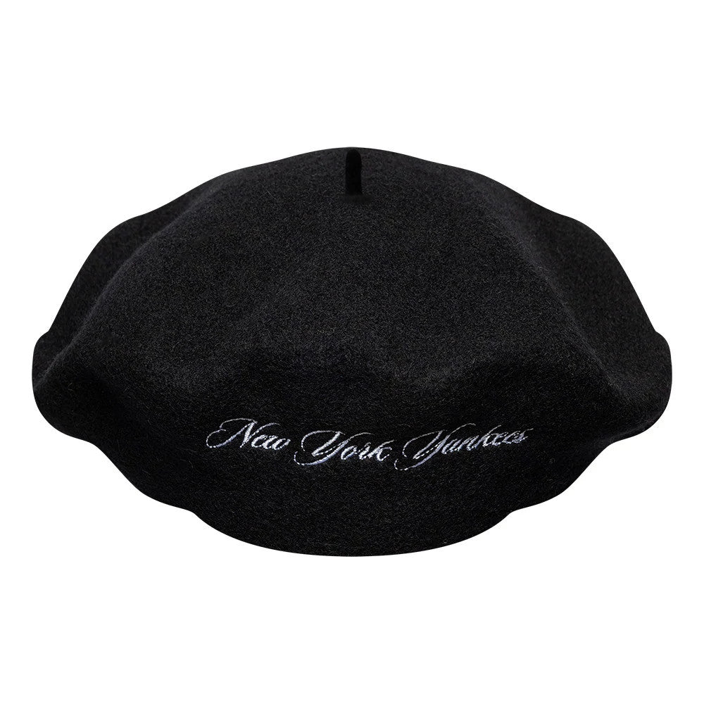 New Era New York Yankees MLB Wool Script Black Beret, front view showing white embroidered New York Yankees script on the front, crafted from black wool with a traditional beret shape and a small top loop.