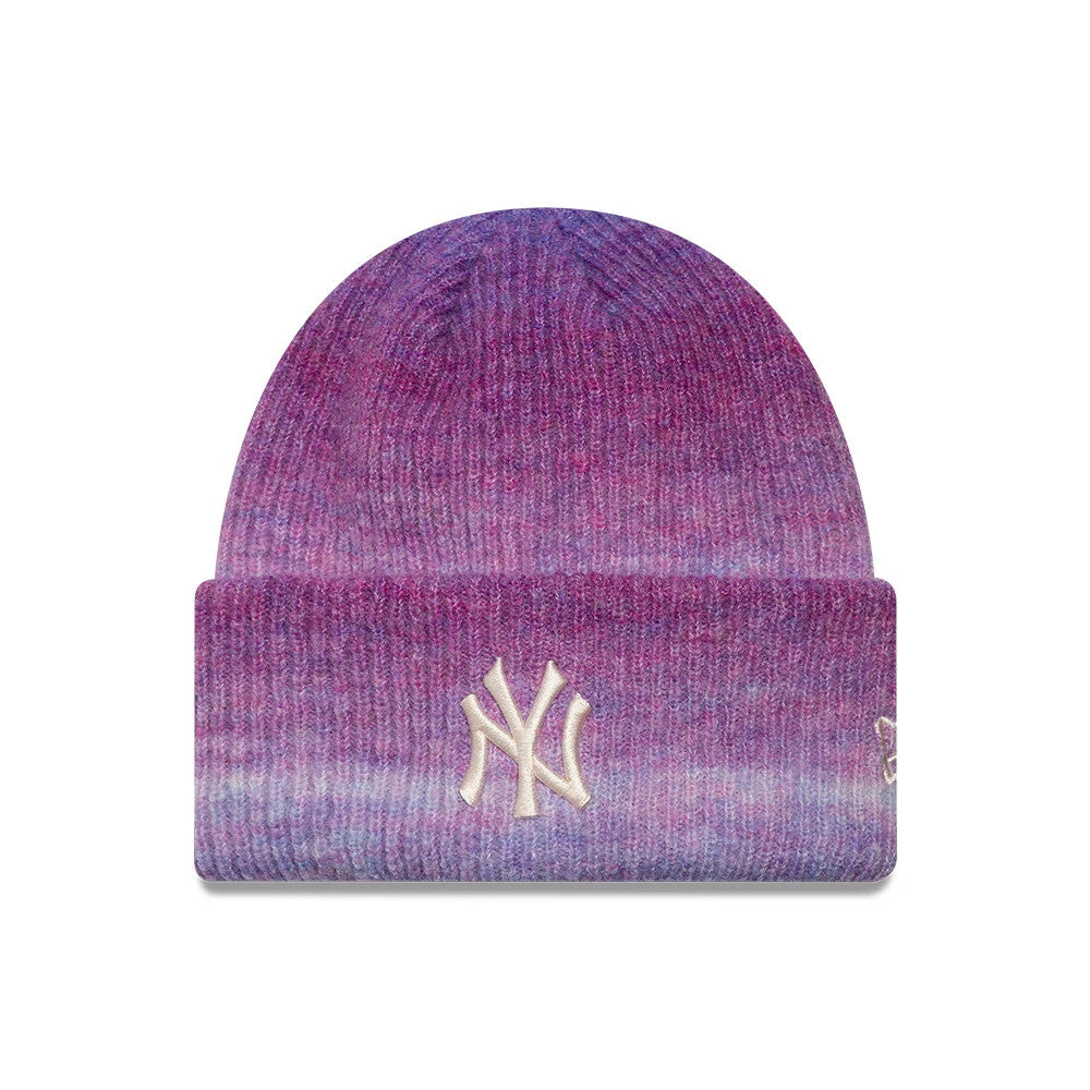 Pictured is this Womens MLB Ombre New York Yankees Cuff Knit Beanie hat in purple. 1