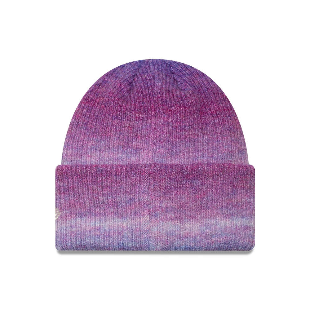New Era New York Yankees Womens MLB Ombre Purple Cuff Knit Beanie Hat, front view showing the ombre design with shades of purple blending into blue, a prominent fold-over cuff at the base, and New Era flag logo embroidery on the side.