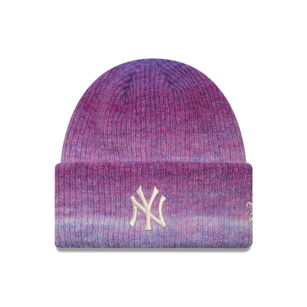 Pictured is this Womens MLB Ombre New York Yankees Cuff Knit Beanie hat in purple. 1