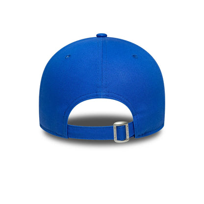 New York Yankees MLB Team Outline Bright Blue New Era 9FORTY Adjustable Cap, rear view showing the silver buckle on the adjustable strap, three blue embroidered eyelets on the panels, and the bright blue fabric of the structured crown.