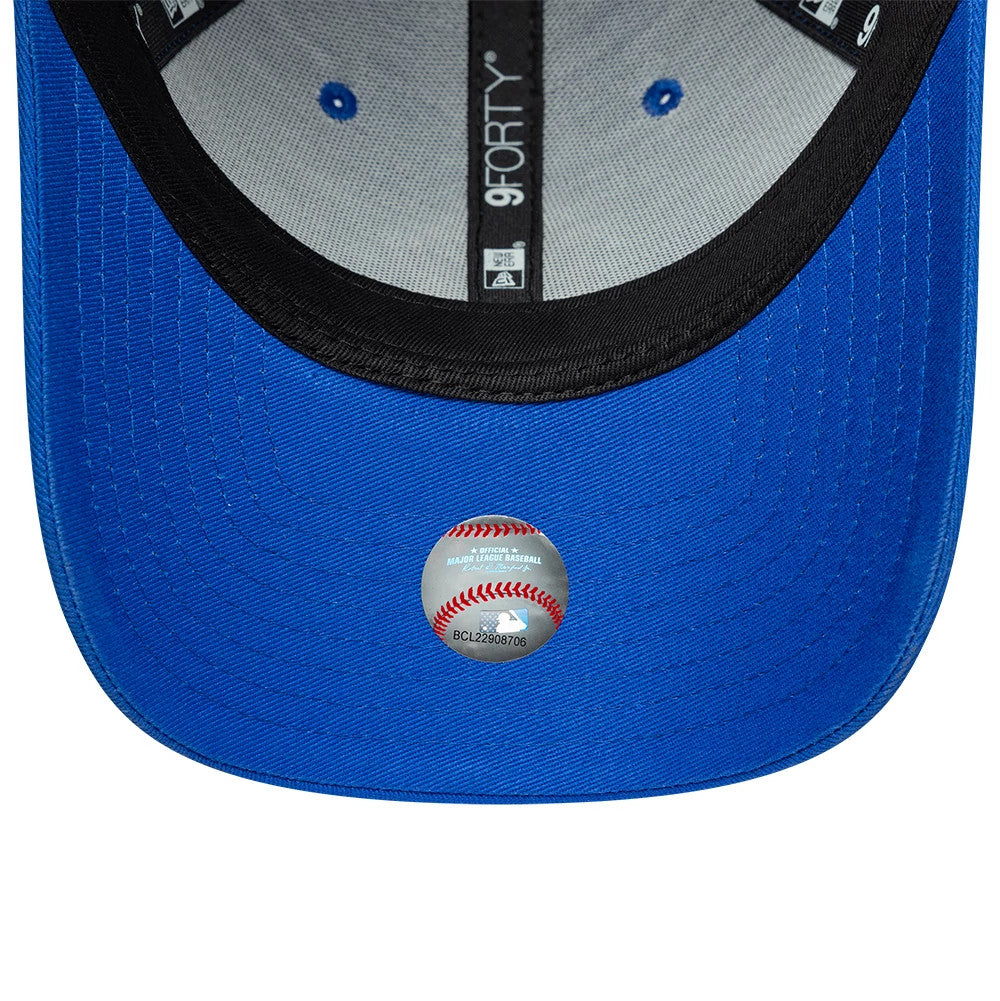 New York Yankees MLB Team Outline Bright Blue New Era 9FORTY Adjustable Cap, inside view showing the grey sweatband and black taping with 9FORTY branding, along with a baseball-themed sticker on the bright blue undervisor.