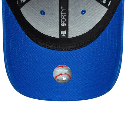New York Yankees MLB Team Outline Bright Blue New Era 9FORTY Adjustable Cap, inside view showing the grey sweatband and black taping with 9FORTY branding, along with a baseball-themed sticker on the bright blue undervisor.
