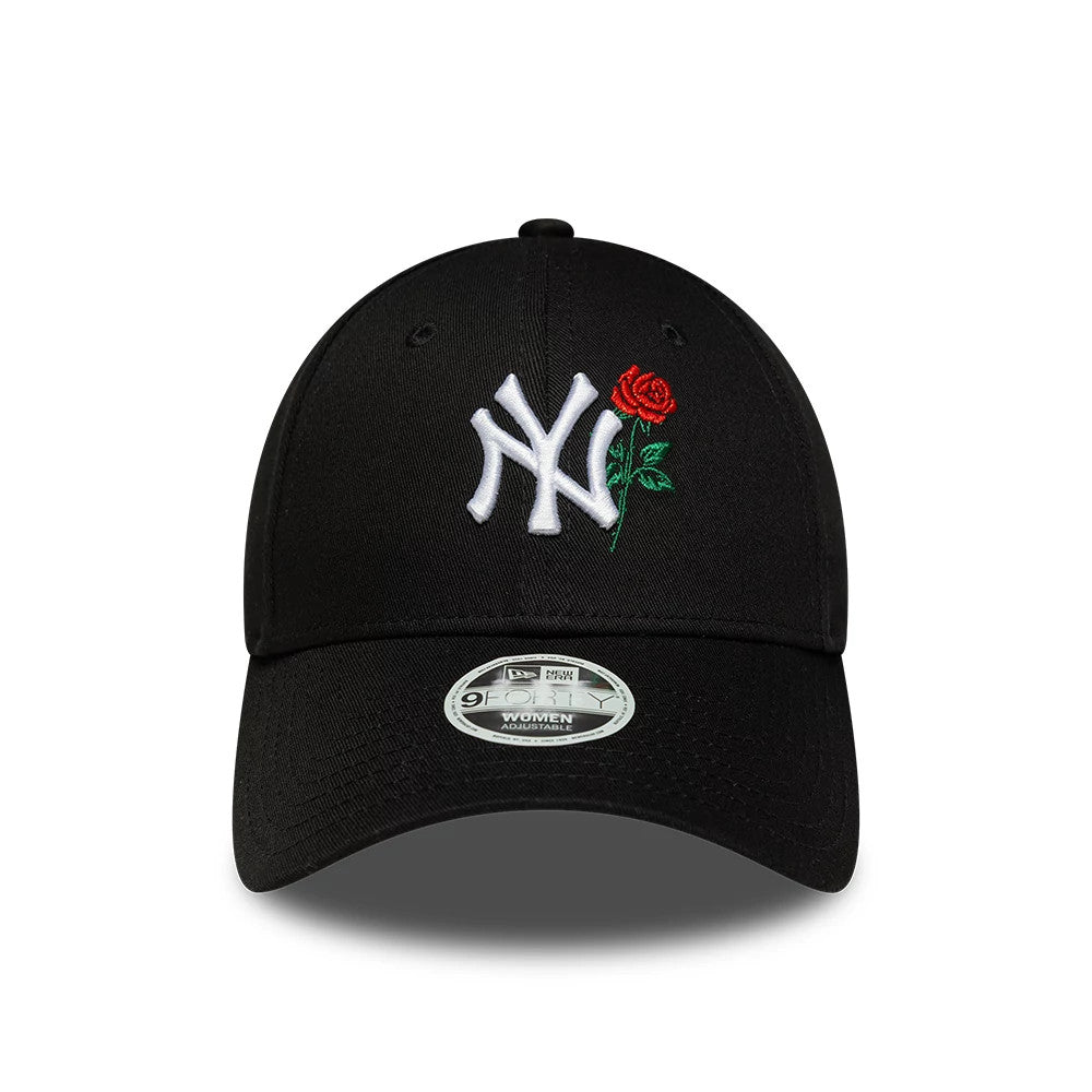 New York Yankees Womens MLB Flower Icon Black New Era 9FORTY Adjustable Cap, front view showing the white embroidered NY logo and red rose design on the black crown, with a curved black visor and 9FORTY size sticker on the centre.