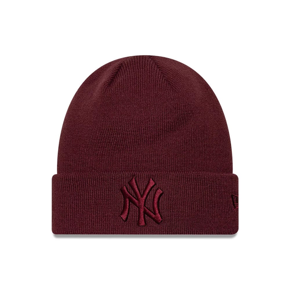 Pictured is this MLB League Essential New York Yankees Cuff Knit Beanie hat in dark red. 1