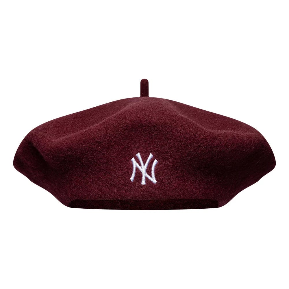 Pictured is this MLB Wool Script New York Yankees Beret in dark red. 2
