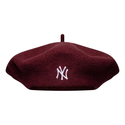 Pictured is this MLB Wool Script New York Yankees Beret in dark red. 2