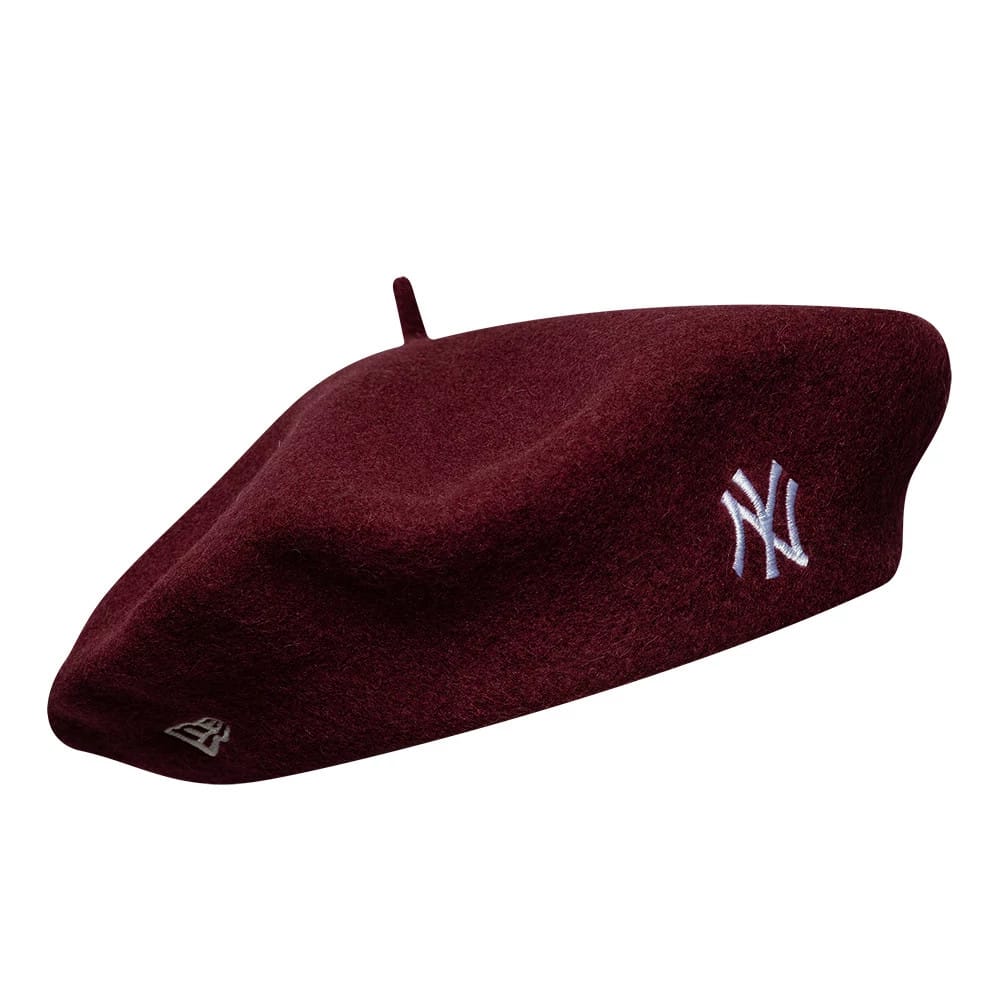 Pictured is this MLB Wool Script New York Yankees Beret in dark red. 3
