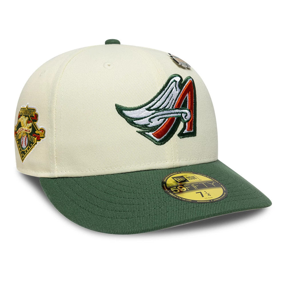 Pictured is this MLB Pin LA Angels 59FIFTY Fitted cap in cream & dark green. 4