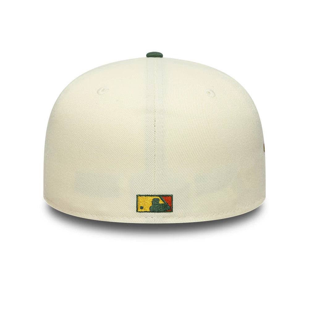 LA Angels MLB Pin Cream & Dark Green New Era 59FIFTY Fitted Cap, rear view showing the embroidered MLB Batterman logo in yellow, green, and red at the centre of the back panels, beneath a dark green top button.