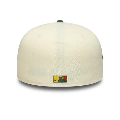 LA Angels MLB Pin Cream & Dark Green New Era 59FIFTY Fitted Cap, rear view showing the embroidered MLB Batterman logo in yellow, green, and red at the centre of the back panels, beneath a dark green top button.