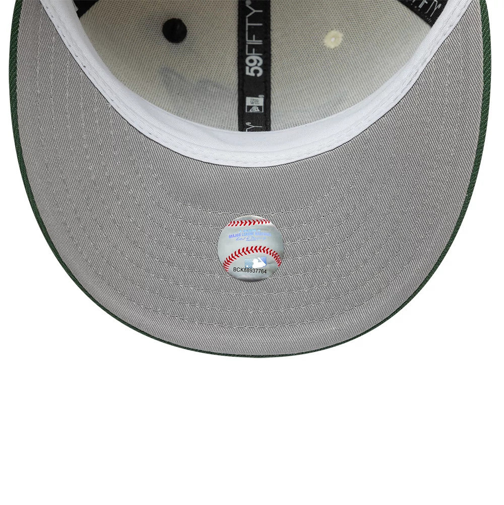 Pictured is this MLB Pin LA Angels 59FIFTY Fitted cap in cream & dark green. 2