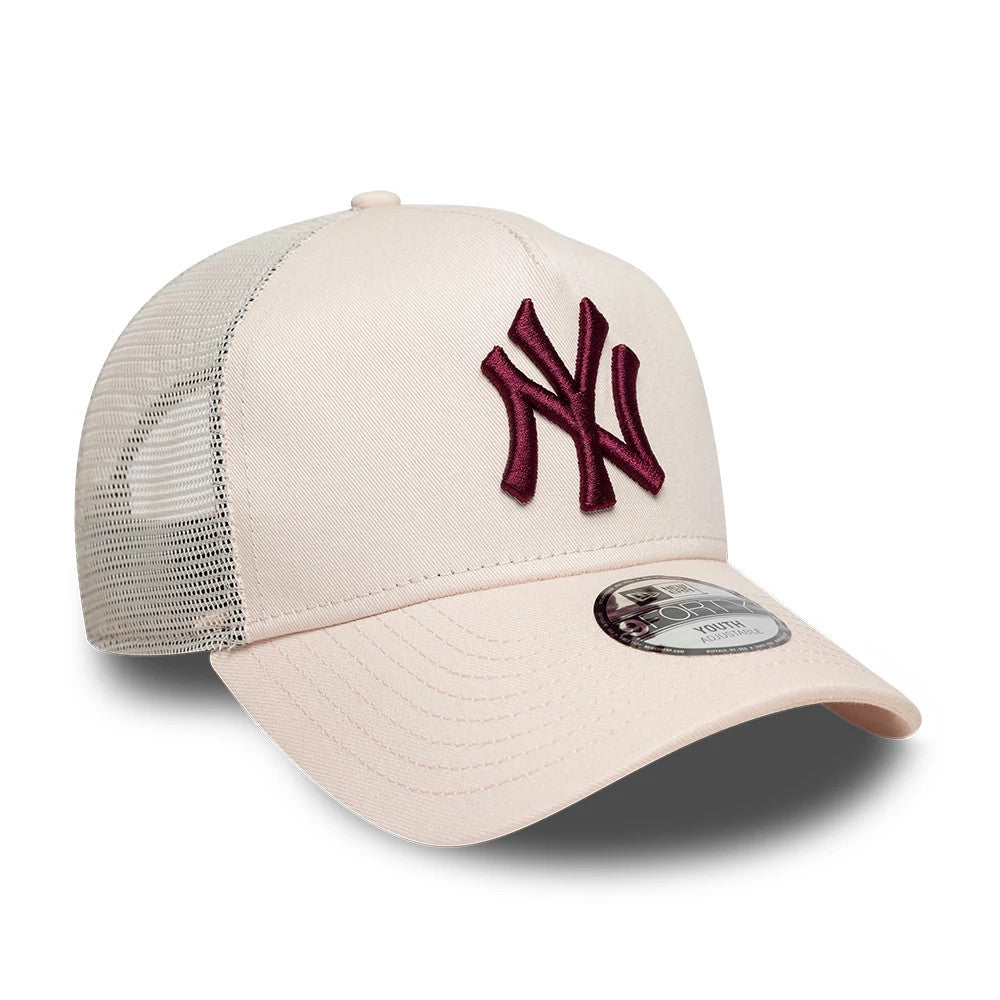 Pictured is this Youth MLB League Essential New York Yankees 9FORTY A-Frame Trucker cap in pastel pink. 3