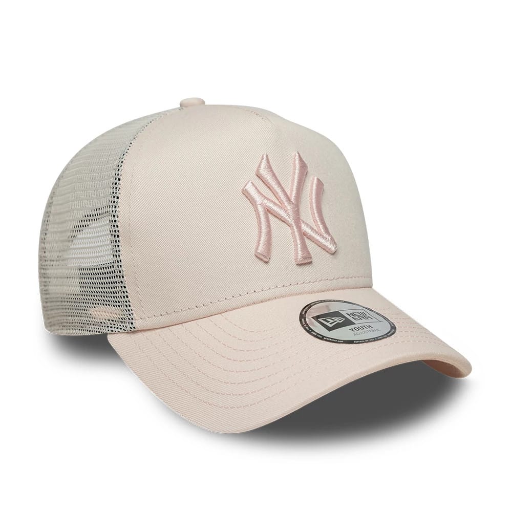 Pictured is this Youth MLB League Essential New York Yankees 9FORTY A-Frame Trucker cap in pastel pink. 3