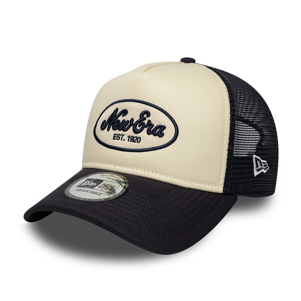 Pictured is this New Era Oval Patch 9FORTY A-Frame Trucker cap in black. 1