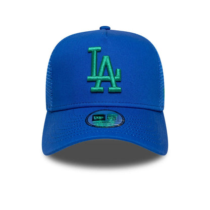 Pictured is this Youth MLB League Essential LA Dodgers 9FORTY A-Frame Trucker cap in bright blue. 2