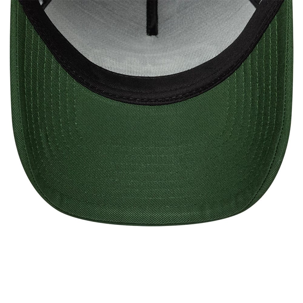 Pictured is this New Era Oval Patch 9FORTY A-Frame Trucker cap in dark green. 5