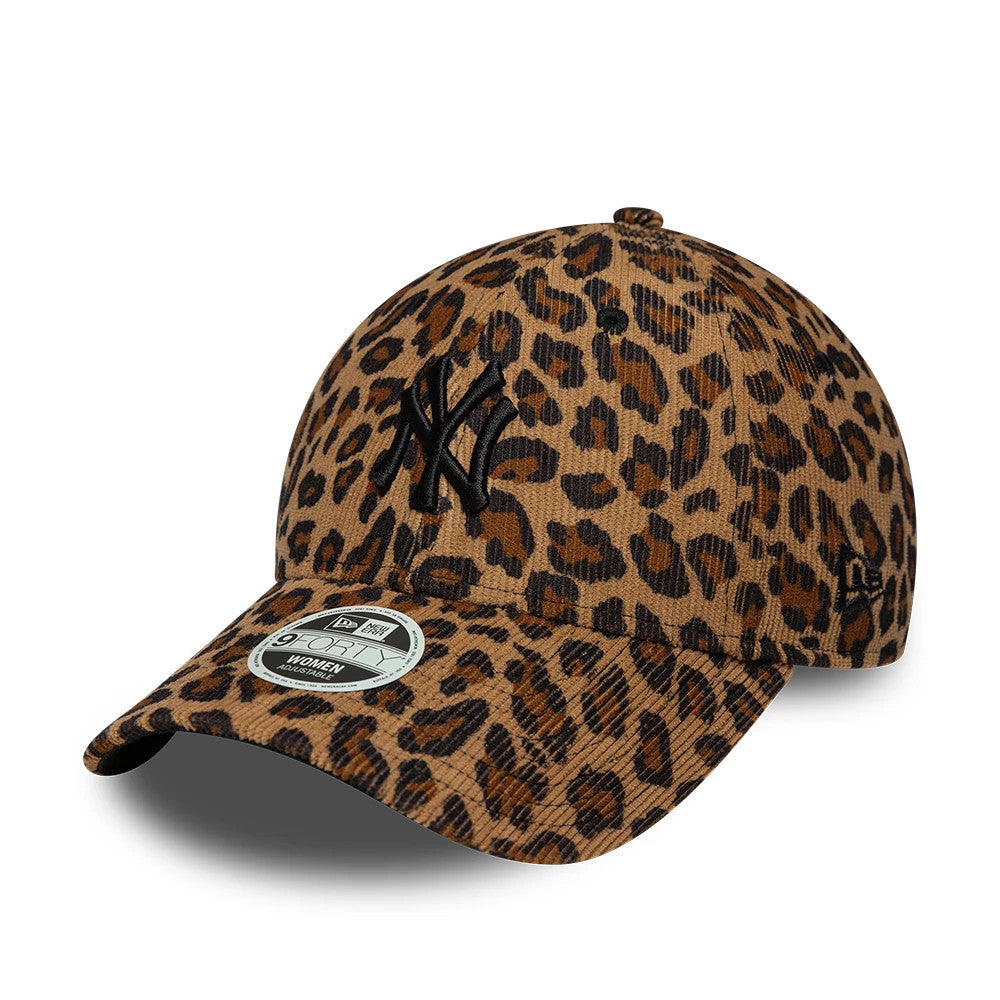 New York Yankees Womens MLB Leopard Cord Beige New Era 9FORTY Adjustable Cap, three-quarter view showing the black embroidered NY logo on the leopard-patterned front panels, with a curved visor and a 9FORTY size sticker affixed on top.