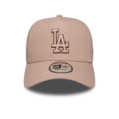 Pictured is this MLB Outline LA Dodgers 9FORTY E-Frame Trucker cap in pastel pink. 2