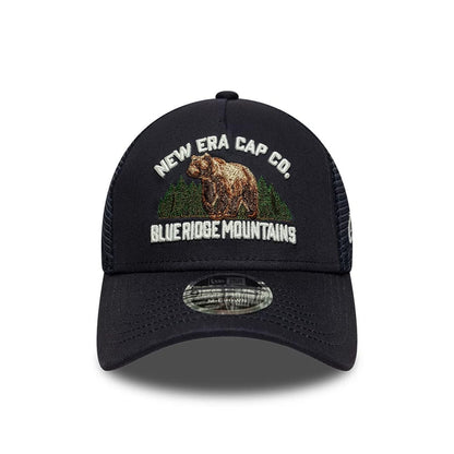 Pictured is this New Era Graphic 9FORTY M-Crown A-Frame Trucker cap in navy. 2